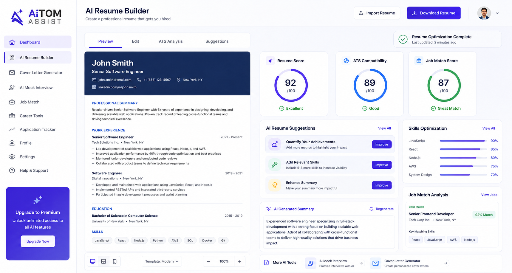 AiTOM Assist AI resume builder for creating ATS friendly resumes